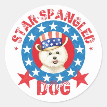 Patriotic Bichon Frise Classic Round Sticker by DogsInk at Zazzle