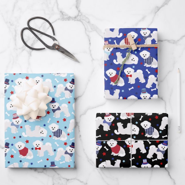 Patriotic Bichon Frise Wrapping Paper Sheets (Front)