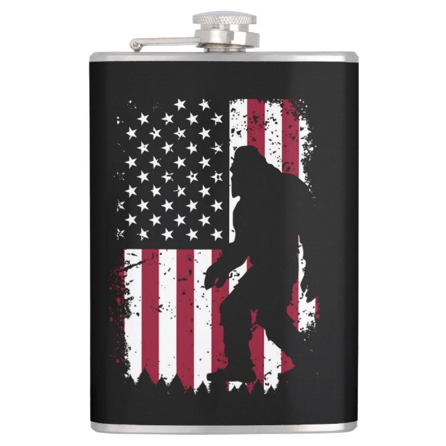 Patriotic Bigfoot American Flag Sasquatch Flask (Front)