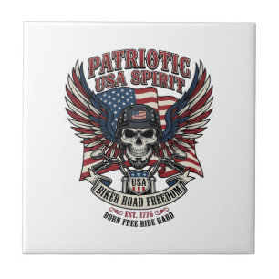 Patriotic Biker Skull Biker Road Freedom Patriot A Ceramic Tile