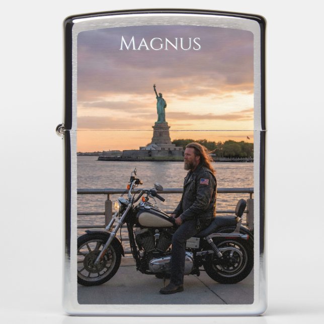 Patriotic Biker Statue of Liberty Sunset Waterside Zippo Lighter (Front)