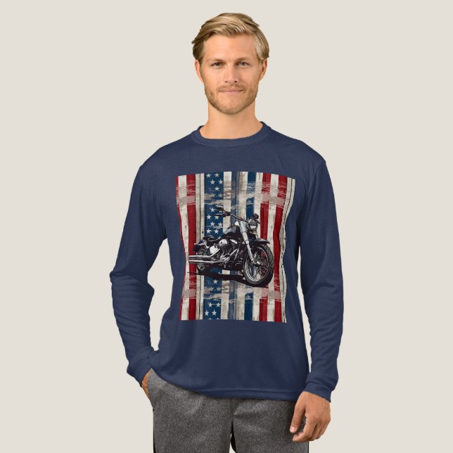Patriotic Biker T-Shirt with Wood Grain Flag  Tri-Blend Shirt (Full Front)