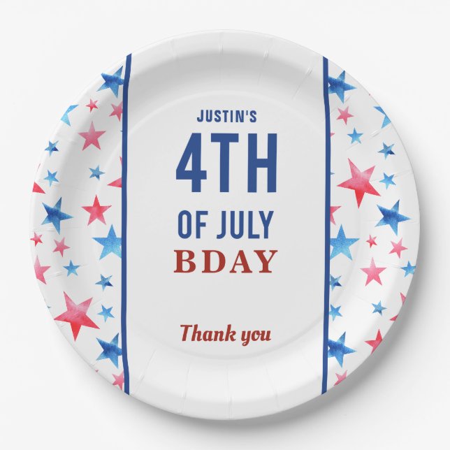 Patriotic Birthday 4th of July Red Blue Stars Paper Plates (Front)