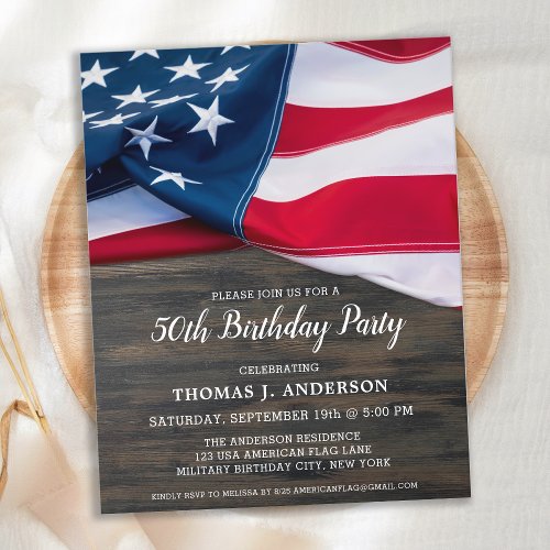 Patriotic Birthday American Flag Wood Military Invitation Postcard