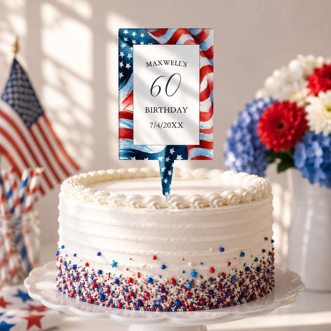 Patriotic Birthday Cake Topper (Patriotic 60th birthday cake topper with watercolor American flag design on festive cake)