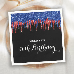 Patriotic Birthday Elegant Blue Red Glitter Drips Napkins