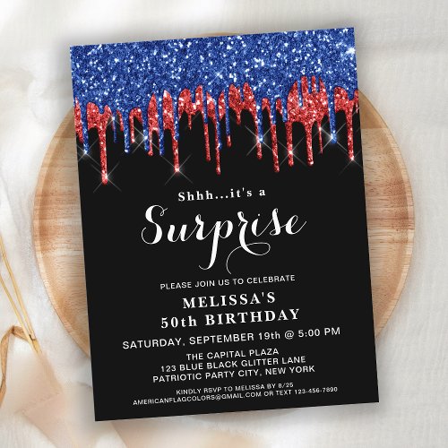 Patriotic Birthday Elegant Red Blue Glitter Drips  Postcard