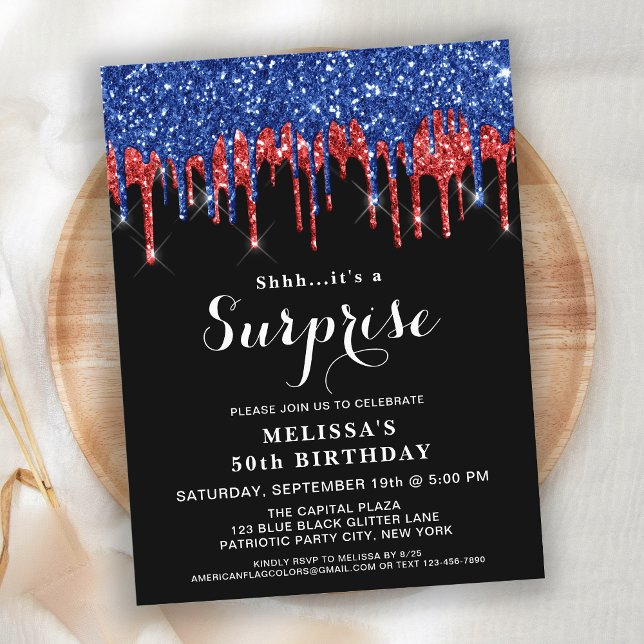Patriotic Birthday Elegant Red Blue Glitter Drips  Postcard (Creator Uploaded)