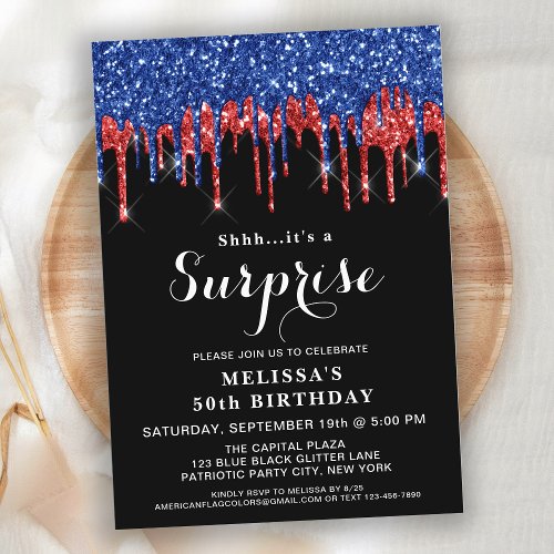 Patriotic Birthday Red Blue Glitter Surprise Party Invitation