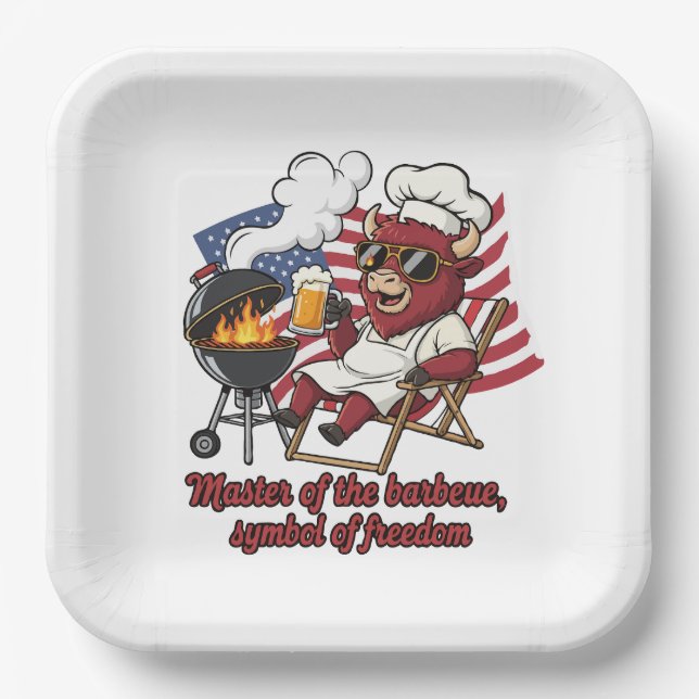 Patriotic Bison BBQ Master USA Flag Paper Plates (Front)