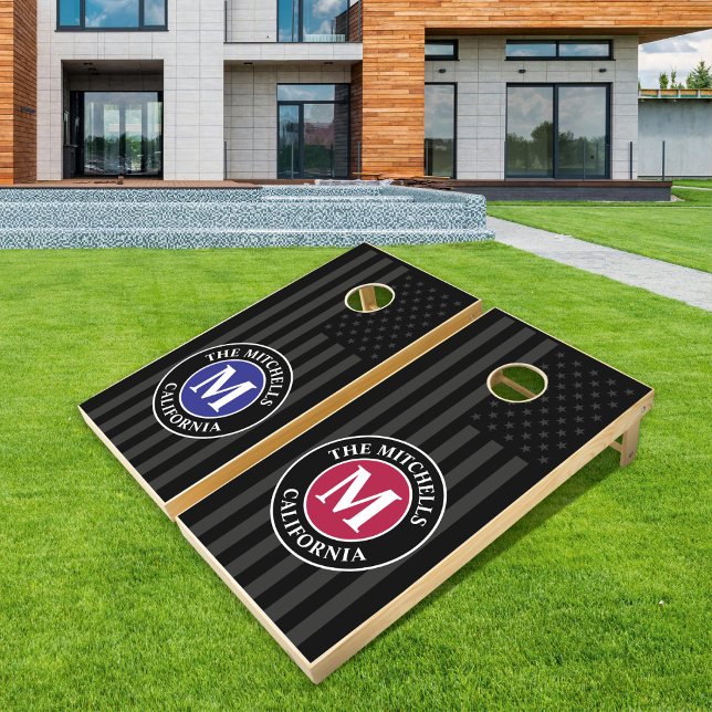 Patriotic Black American Flag Family Name Stamp Cornhole Set (Creator Uploaded)