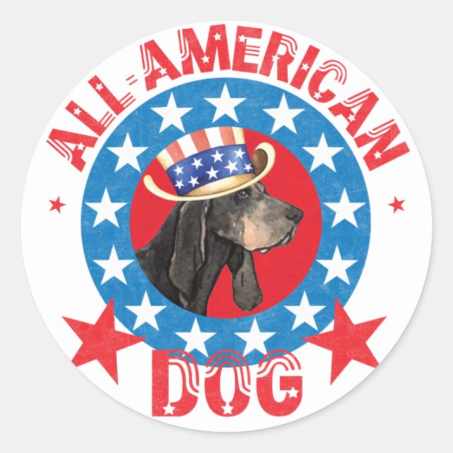 Patriotic Black and Tan Coonhound Classic Round Sticker (Front)