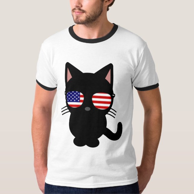 Patriotic Black Cat Funny T-shirts, Sunglasses T-Shirt (Front)