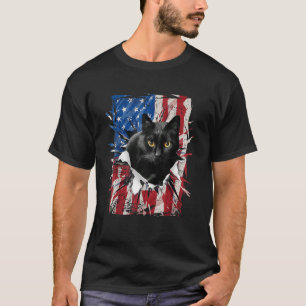 Patriotic Black Cat Torn American Flag 4th Of July T-Shirt