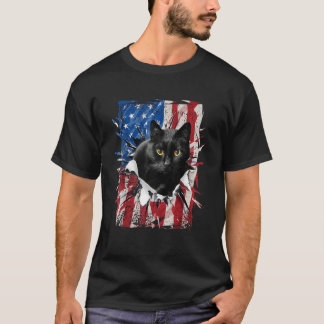 Patriotic Black Cat Torn American Flag 4th Of July T-Shirt