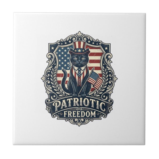 Patriotic Black Cat Vector Graphic Tee (2)_1 Ceramic Tile (Front)