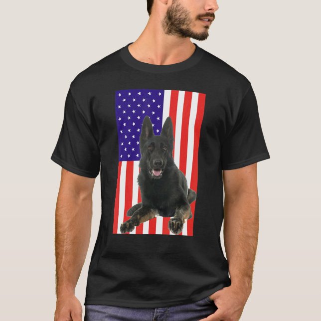 Patriotic Black German Shepherd American Flag T-Shirt (Front)