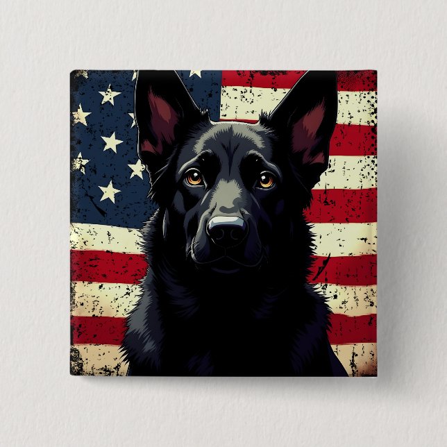 Patriotic Black German Shepherd USA American Flag Button (Front)