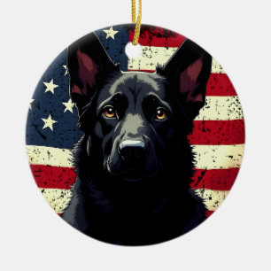 Patriotic Black German Shepherd USA American Flag Ceramic Ornament