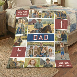 Patriotic Blessed Dad 12 Photo Collage Custom Text Fleece Blanket