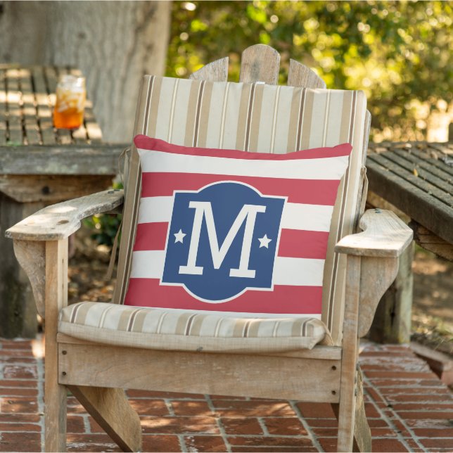 Patriotic Blue and Red Stars and Stripes Monogram  Throw Pillow (Chair)