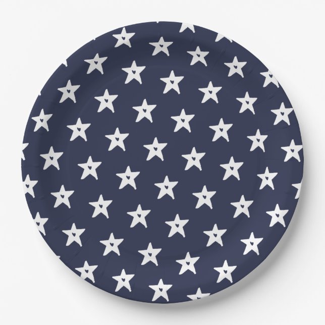 Patriotic Blue and White Stars with Hearts Paper Plates (Front)