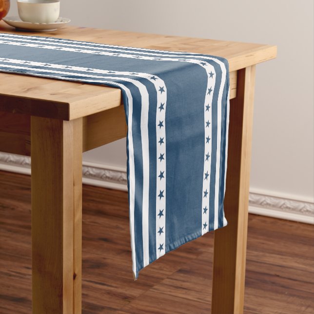 Patriotic Blue and White Stripes with Stars Long Table Runner (In Situ)