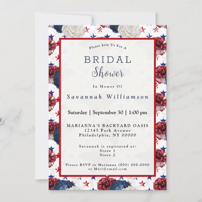Patriotic Blue Red Star Rose Bouquet Bridal Shower Invitation (Front)