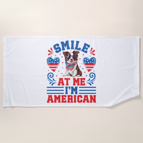 Patriotic Border Collie Dog for 4th Of July Beach Towel