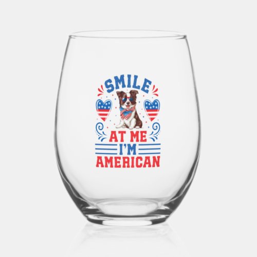 Patriotic Border Collie Dog for 4th Of July Stemless Wine Glass