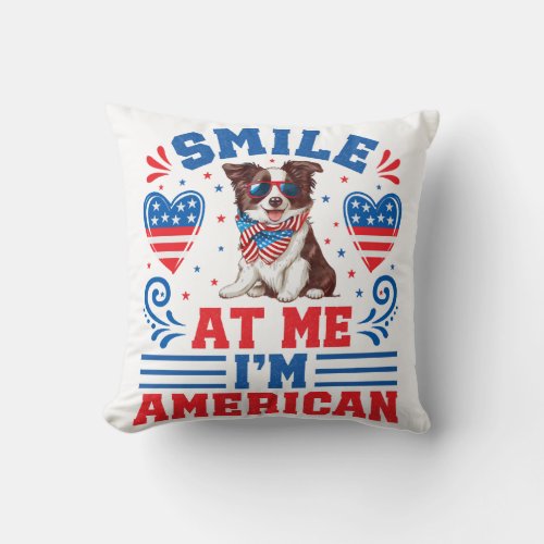 Patriotic Border Collie Dog for 4th Of July Throw Pillow