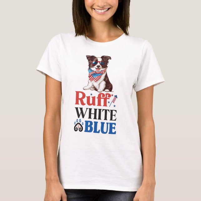 Patriotic Border Collie Ruff White & Blue T-Shirt (Front)