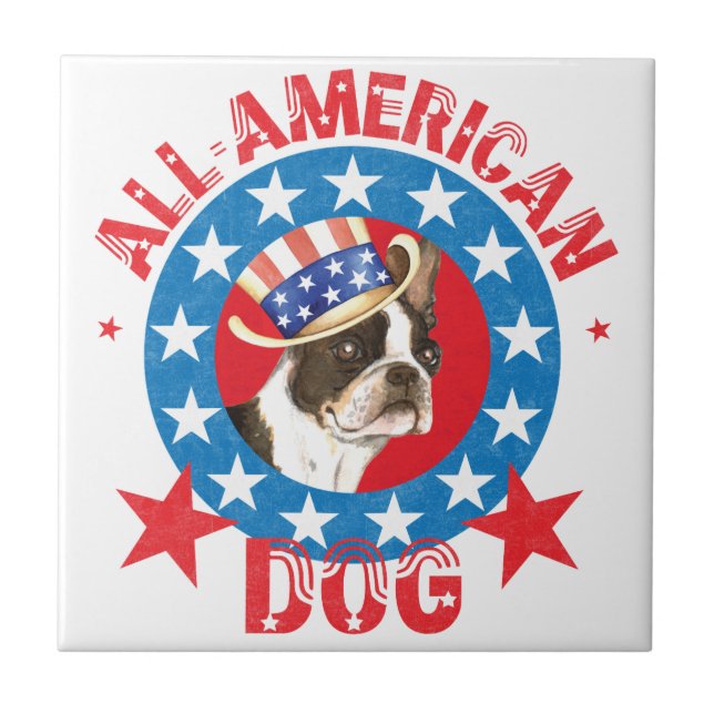 Patriotic Boston Terrier Ceramic Tile (Front)