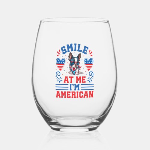 Patriotic Boston Terrier Dog for 4th Of July Stemless Wine Glass
