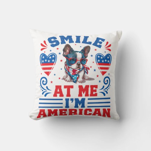 Patriotic Boston Terrier Dog for 4th Of July Throw Pillow