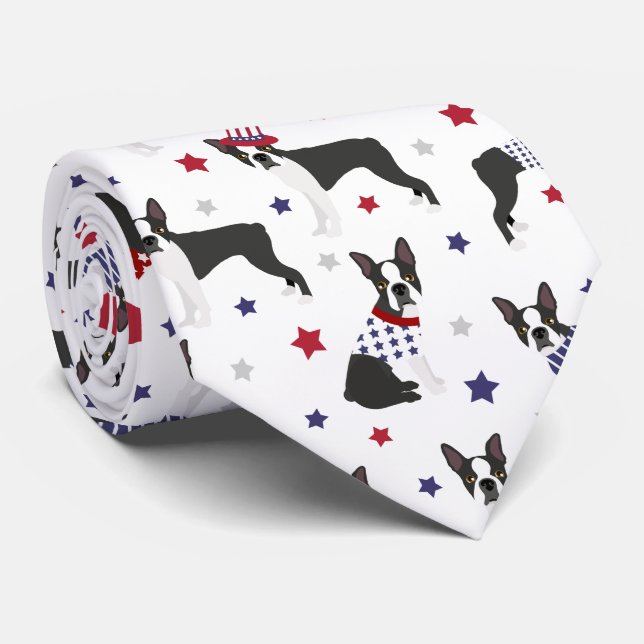 Patriotic Boston Terrier Dog Neck Tie (Rolled)