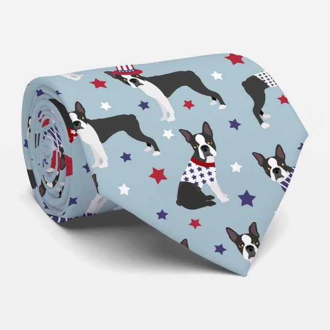 Patriotic Boston Terrier Dog Neck Tie (Rolled)