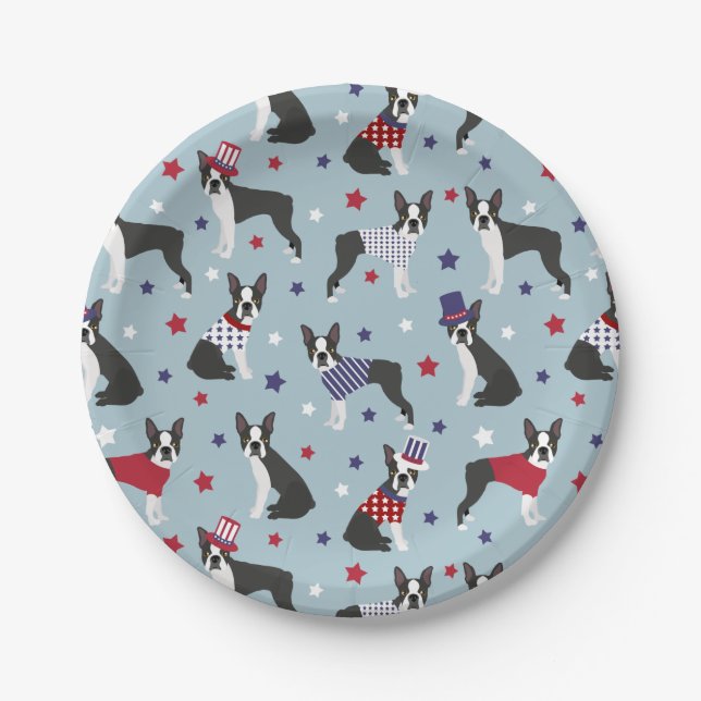 Patriotic Boston Terrier Dog Paper Plates (Front)