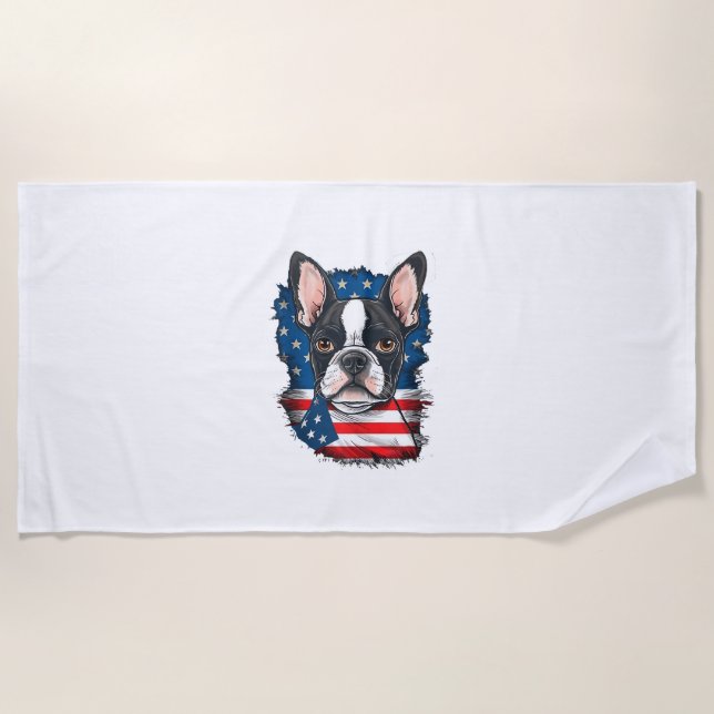 Patriotic Boston Terrier Dog Puppy American Flag 4 Beach Towel (Front)
