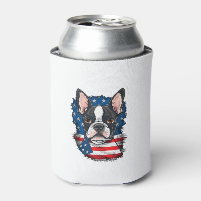 Patriotic Boston Terrier Dog Puppy American Flag 4 Can Cooler (Can Front)