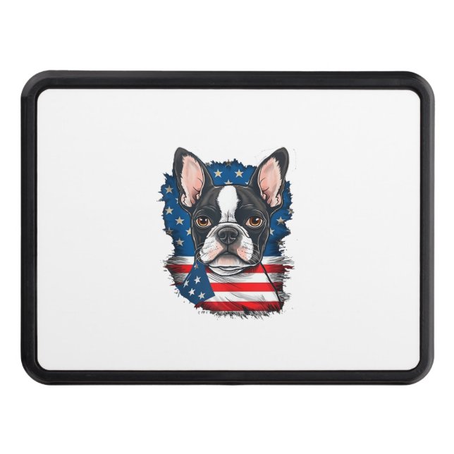 Patriotic Boston Terrier Dog Puppy American Flag 4 Hitch Cover (Front)