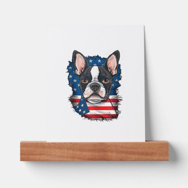 Patriotic Boston Terrier Dog Puppy American Flag 4 Picture Ledge (Front)
