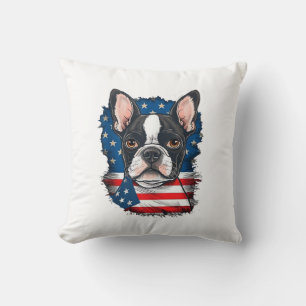 Patriotic Boston Terrier Dog Puppy American Flag 4 Throw Pillow