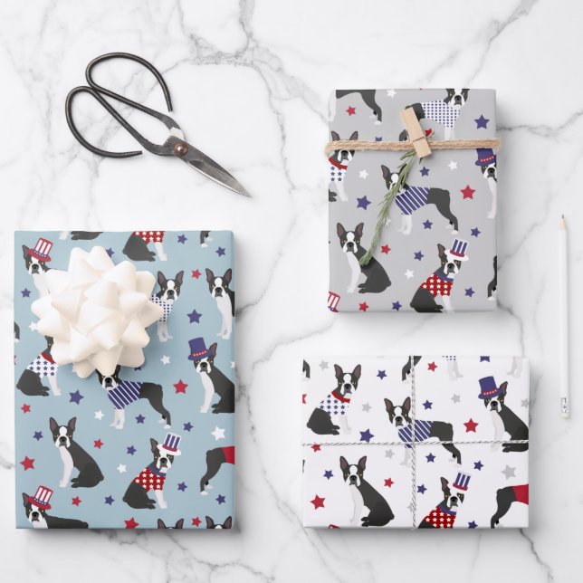 Patriotic Boston Terrier Dog Wrapping Paper Sheets (Front)