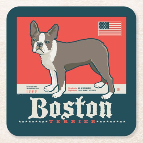 Patriotic  Boston Terrier Square Paper Coaster