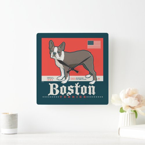 Patriotic  Boston Terrier Square Wall Clock
