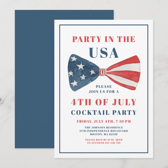 Patriotic Bow 4th Of July Cocktail Party Invitation (Front/Back)