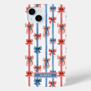 Patriotic Bows and Stripes Monogrammed iPhone 15 Plus Case