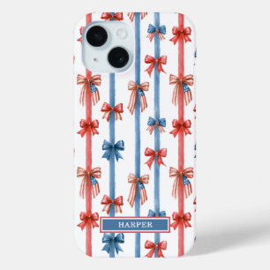 Patriotic Bows and Stripes Monogrammed iPhone 15 Case