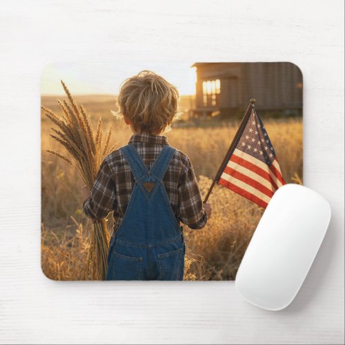 Patriotic Boy with American Flag and Wheat Mouse Pad